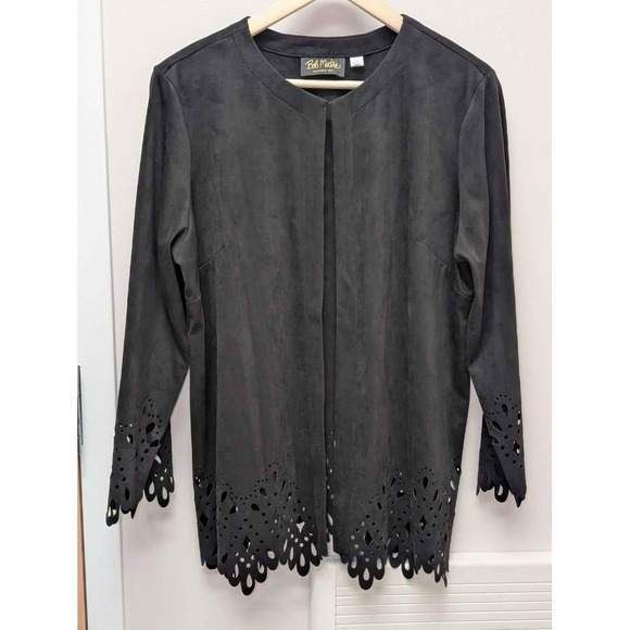Bob Mackie Jackets & Blazers - Bob Mackie Wearable Art Women's L Black Laser Cut Jacket Faux Suede Open Front
